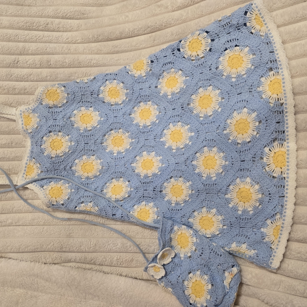 Blue and Yellow Floral Crochet Dress